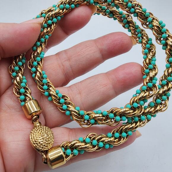 1972 Avon Rope Twist Necklace Gold Tone Chain Turquoise Beads Vintage Box Clasp - Picture 6 of 7